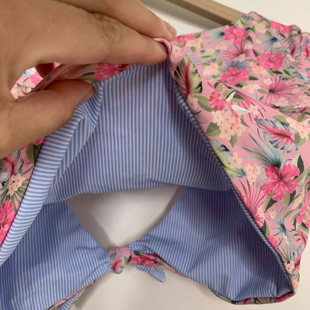 Beach Bunny Floral Tie-Front Reversible Swim Top Pink Floral Blue Stripe New XL - Picture 4 of 13